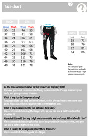 Camo Cordura Motorcycle Trousers Size chart | Texpeed