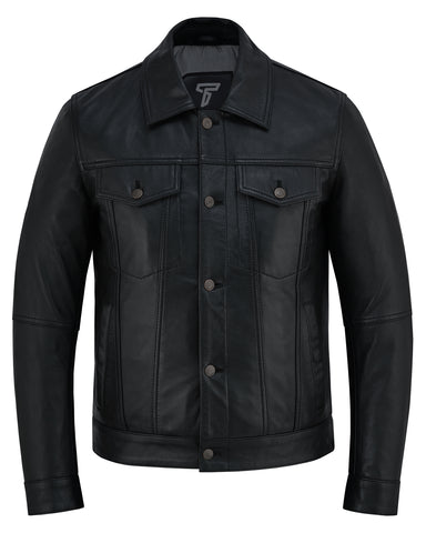 Signature City Casual Black Leather Buttoned Jacket