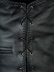 Leather Waistcoat Motorbike Fish Hook Clip Braided Laced Biker Motorcycle Vest | Texpeed